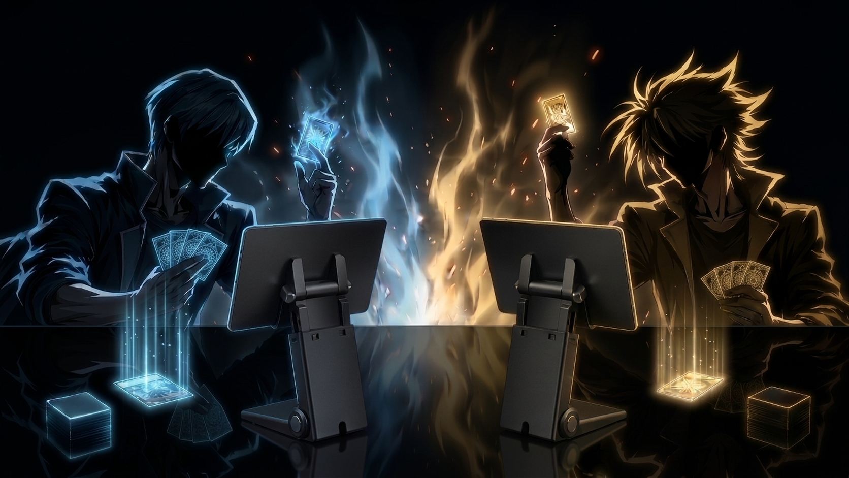 对战场景示意:两位牌手在各自黑武士配色的 DuelStation 终端前展开实体卡牌对决